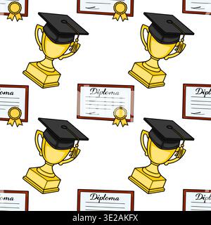 Seamless vector pattern of golden graduation trophies and diplomas with black caps Stock Vector