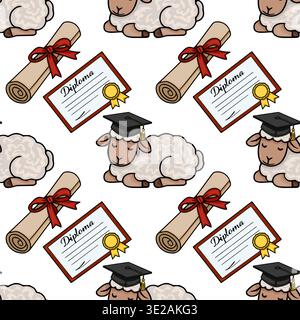 Cute cartoon sheep in graduation caps with diplomas and scrolls, seamless vector pattern Stock Vector