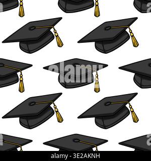 Seamless vector pattern of black graduation caps with gold tassels on white background Stock Vector