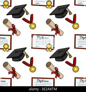 Seamless graduation pattern vector with academic caps, diplomas, and medals Stock Vector