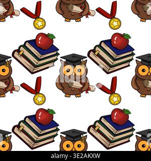 Seamless vector pattern of cute graduation owls with diplomas, books, and medals, perfect for educational themes Stock Vector
