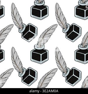 Seamless vector pattern of vintage inkwells and quill pens, perfect for educational or historical themes. Stock Vector