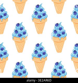 Blueberry ice cream cone seamless pattern in cartoon style. Refreshing summer dessert for sweet cafe design, fruit concept and colorful food Stock Vector