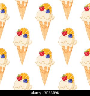 Vanilla ice cream cone seamless pattern with slice of orange fruit, blueberry and raspberry in waffle cone in cartoon style. Design for summer food Stock Vector
