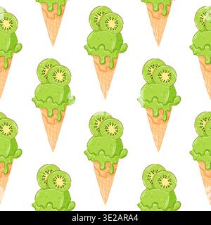Green kiwi ice cream cone seamless pattern in cartoon style. Fruity dessert background design for summer food package and menu cafe design. Stock Vector
