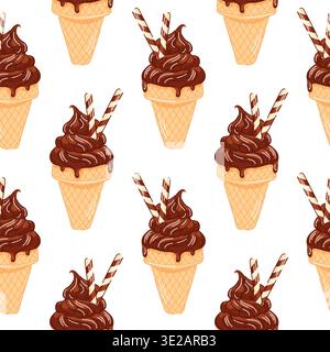 Dark chocolate ice cream cone with wafer sticks seamless pattern in cartoon style. Refreshing summer design for cafe card, fruit package and colorful Stock Vector