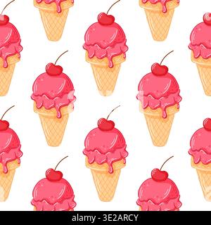 Cherry ice cream cone seamless pattern with pink melting scoop and red cherry on top in waffle cone in cartoon style. Perfect for dessert card, summer Stock Vector