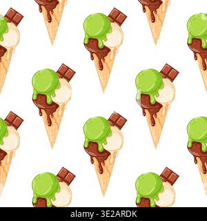 Ice cream cone with vanilla, pistachio and dark chocolate scoop seamless pattern in cartoon style. Perfect for cafe menu, summer package and wallpaper Stock Vector