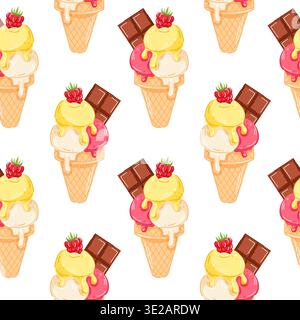 Ice cream cone seamless pattern with vanilla, lemon and raspberry scoop in cartoon style. Perfect for menu card, summer cafe packaging or tropical Stock Vector