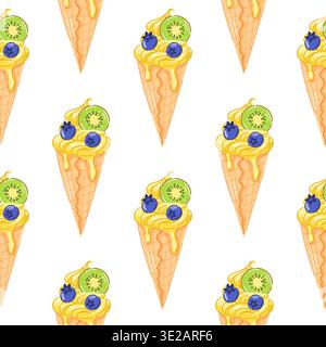 Lemon yellow ice cream cone with kiwi slice and blueberry seamless pattern in cartoon style. Refreshing summer design for sweet theme, fruit package Stock Vector
