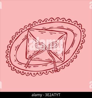 A whimsical vector illustration showcases an envelope adorned with a bow, elegantly placed on a lace-patterned tray. Stock Vector