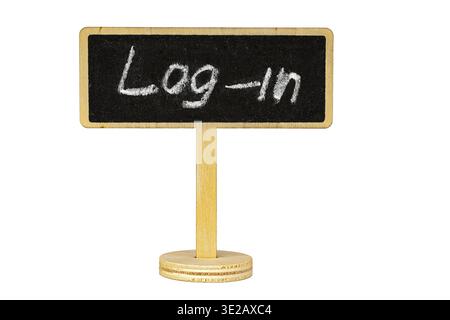 Rustic wooden tabletop stand holding a blackboard sign with handwritten white chalk Log-In text, isolated on a clean white background with copy space Stock Photo