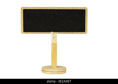 A small blank blackboard sign with wooden frame and stand isolated on white background. Perfect for handwritten chalk messages with ample copy space f Stock Photo