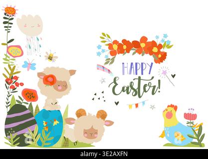 Cute Cartoon Lambs sitting on Easter Eggs Stock Vector