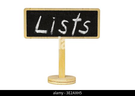A miniature wooden stand blackboard sign features handwritten Lists text in white chalk, isolated on a clean white background, offering generous copy Stock Photo