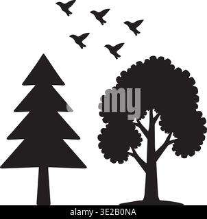 Black Silhouette Pine And Deciduous Tree With Flying Birds Above Stock Vector