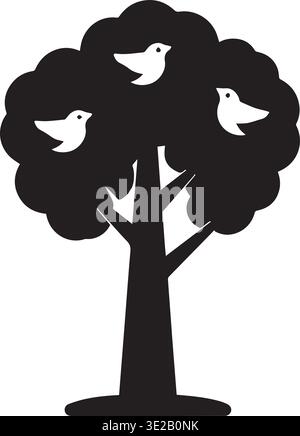 Black Cartoon Tree Silhouette With White Flying Birds Inside Canopy Stock Vector