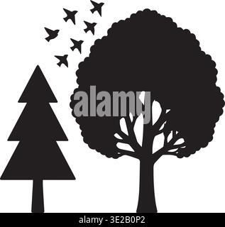 Black Silhouette Pine And Deciduous Tree With Flying Birds Above Stock Vector