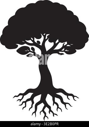 Black Tree Of Life Silhouette With Roots And Leafy Canopy Stock Vector