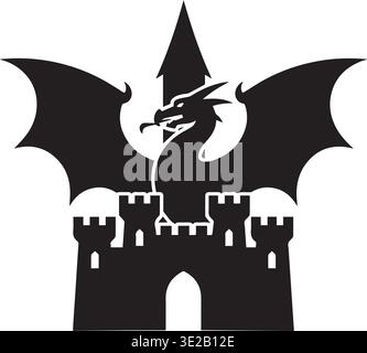 Winged Dragon Behind Medieval Castle Towers With Spire And Gate Stock Vector