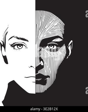Split Face Portrait With Line Art And Solid Contrast Design Stock Vector