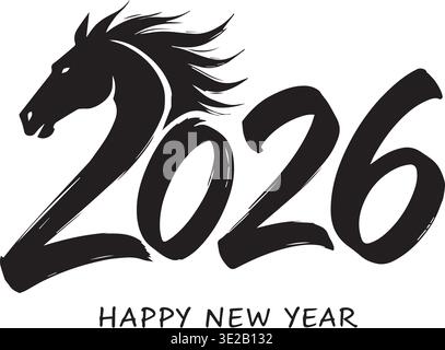 Happy New Year 2026 Brushstroke Horse Head Silhouette Design Artwork Stock Vector