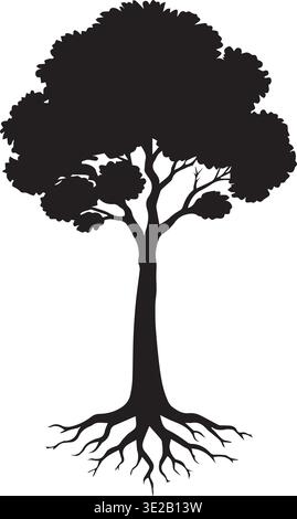 Tall Tree Silhouette With Detailed Roots Branches And Rounded Leafy Canopy Stock Vector