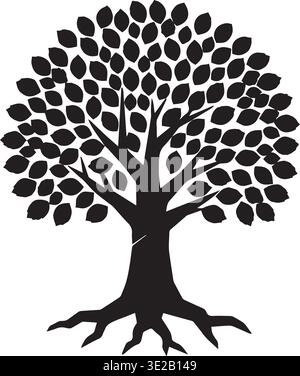 Black Tree Silhouette With Roots Branches And Dense Leaf Canopy Stock Vector