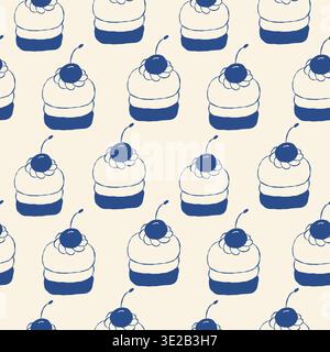 Simple pattern of cupcakes with cherry on top. Blue and white design on light beige background. Clean, sweet, minimalist style for desserts or bakery Stock Vector