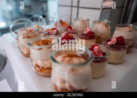 Elegant layered dessert jars at luxury hotel buffet in Oberlech, Austria Stock Photo