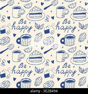 Cozy pattern features tea mugs, cake slices, honey spoons, and hearts. Soft blue sketches on cream background. Gentle, cheerful vibe for happy moments Stock Vector