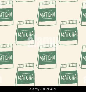 Seamless pattern of matcha tea bags in green and cream tones. Ideal for branding, packaging, or Japanese tea-themed designs. Simple, clean, and modern Stock Vector