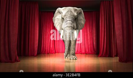3d Elephant on stage presenting a looming problem Stock Photo