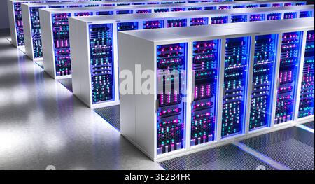 Server racks with glowing lights 3d background Stock Photo