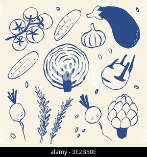 Hand-drawn vegetable set in blue ink on cream background Stock Vector