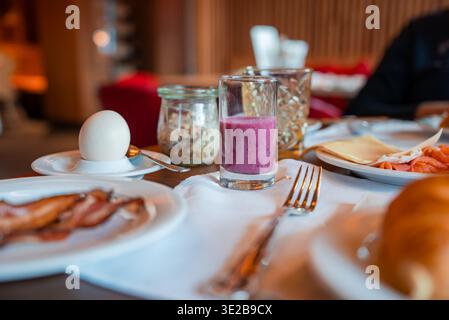 Breakfast spread in luxury alpine dining room, Oberlech, Austria Stock Photo