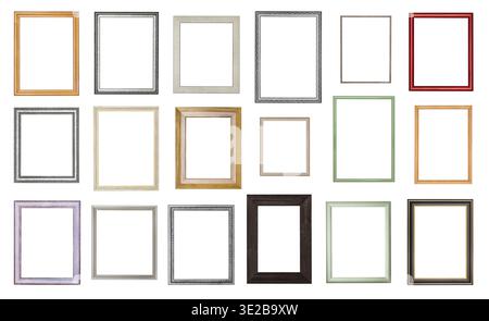 Set from various empty wooden picture frames with cut out canvas isolated on white background Stock Photo