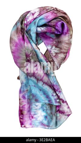 Wrapped head scarf with abstract bright pattern in tie-dye batik technique isolated on white background Stock Photo