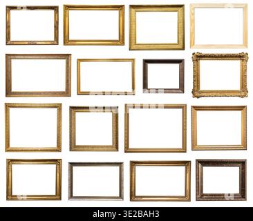 Set of horizontal old wooden picture frames isolated on white background with cut out canvas Stock Photo