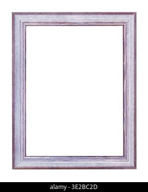 Empty purple and silver painted wooden picture frame with cut out canvas isolated on white background Stock Photo