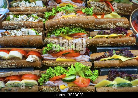 Assorted sandwiches featuring vibrant vegetables, meats, and cheeses, beautifully arranged on a display tray, showcasing culinary artistry Stock Photo