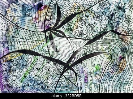 Abstract black floral pattern hand drawn by black ink on paper colored by watercolors Stock Photo