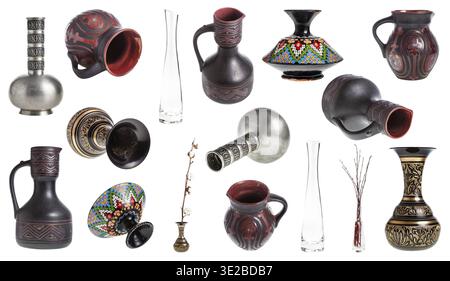 Set of various vases and jugs isolated on white background Stock Photo