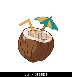 Coconut drink with straw and umbrella, tropical beach cocktail illustration Stock Vector