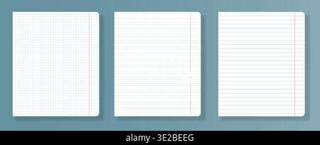 Set of 3 school notebook paper sheets 5mm grid, narrow ruled with slanted lines, and wide ruled template. Vector school stationery mockup Stock Vector