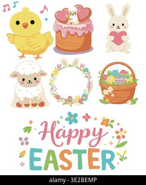 Happy Easter illustration with festive decorations, colorful holiday design Stock Vector