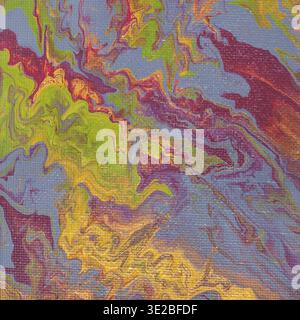 Abstract picture hand-painted in fluid acrylic flow painting technique by gray, green, yellow and red paints on canvas Stock Photo