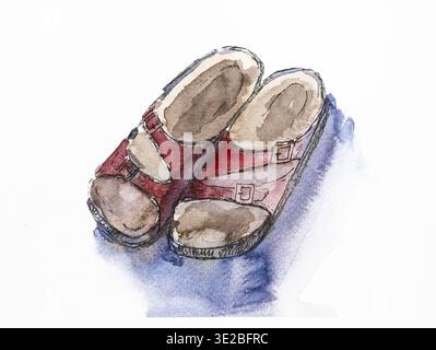 Sketch of red leather orthopedic slippers hand drawn by watercolors on white textured paper Stock Photo