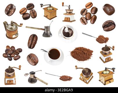 Set from coffee, beans, ground powder, coffee mills, drinks in cups isolated on white background Stock Photo