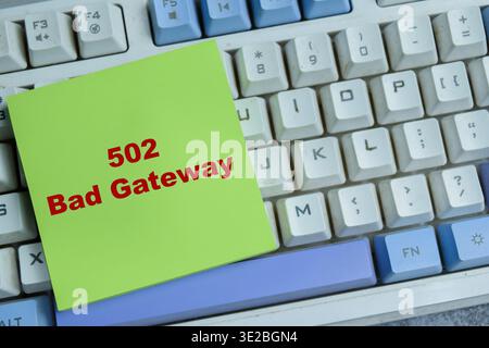 Concept of 502 bad gateway write on sticky notes isolated on Wooden Table. For Digital Innovation and connectivity visualization Stock Photo